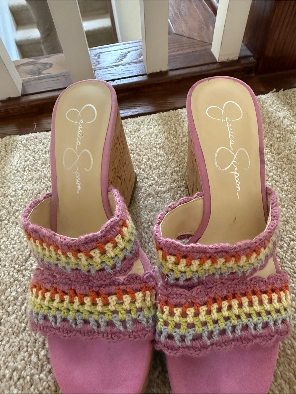 Jessica Simpson Lavender Crochet-Strap Cork Wedge Sandals